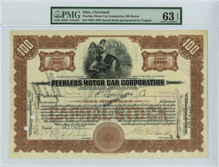 Peerless Motor Car Corporation - Automobile Stock Certificate